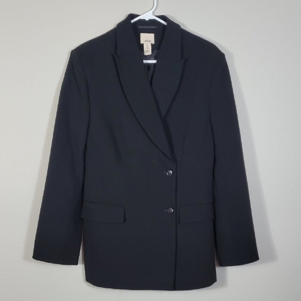 H&M Women Wool Blend Pea Coat Size L Black Button Up Classic Old Money Lined